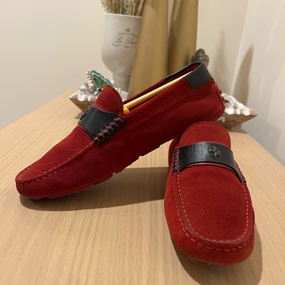 LUXURY TOD'S FOR FERRARI LOAFER SHOES RED SUEDE W CARBON SIZE